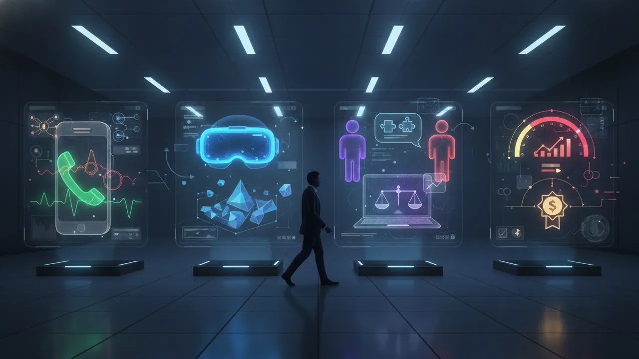 A person walking past four holographic practice stations: a phone call, a VR headset, a laptop chat with two negotiators and a score gauge
