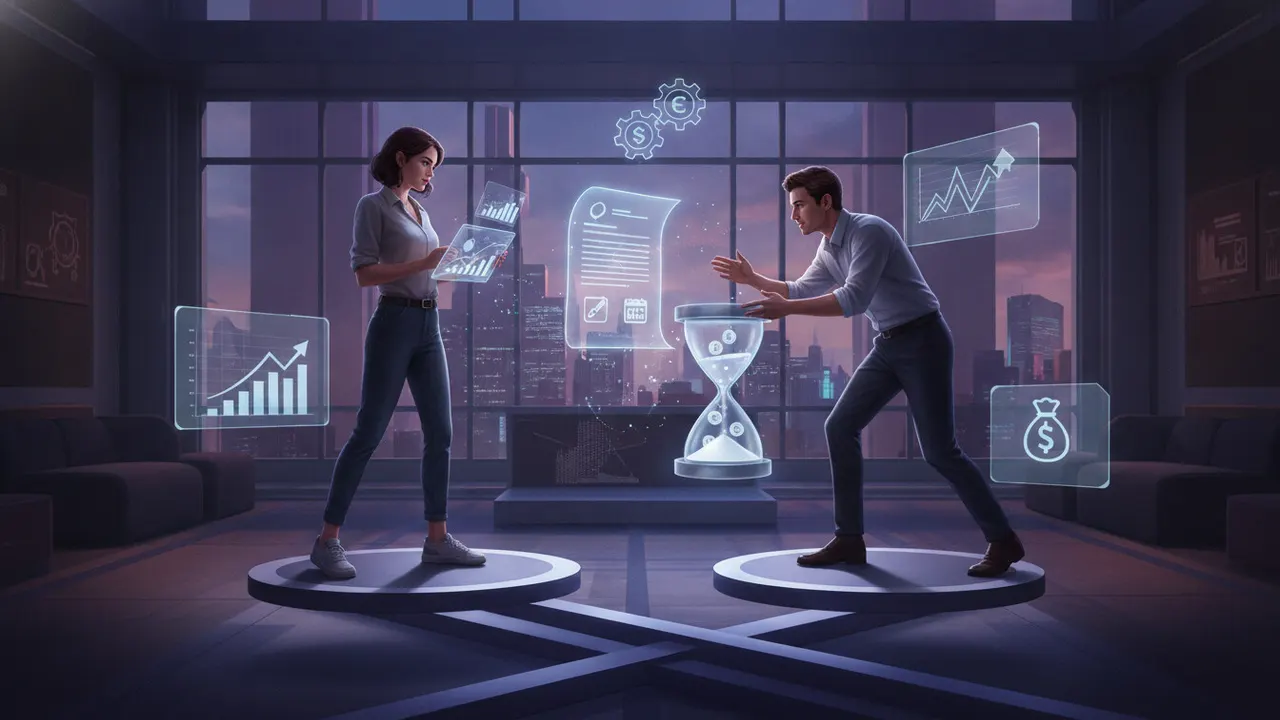A freelancer and a client face each other on two platforms around a holographic quote and an hourglass