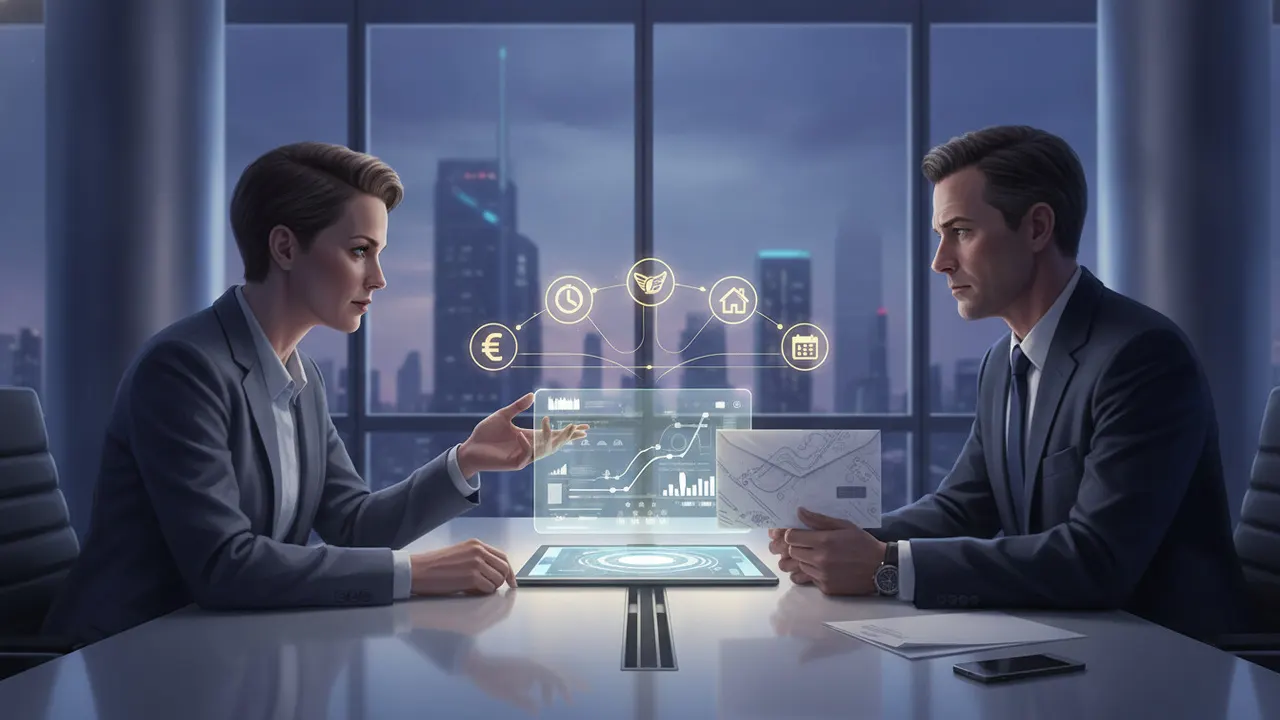 A developer and a hiring manager negotiate an offer across a table, with holographic icons for salary, bonus, remote work and review date between them