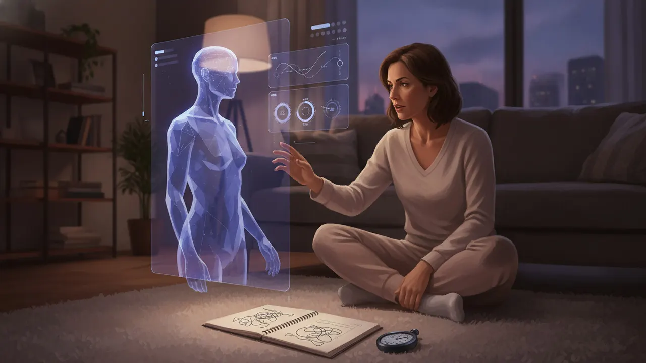 A woman sitting on her living room floor rehearses a negotiation with a holographic AI counterpart, a notebook and a stopwatch beside her