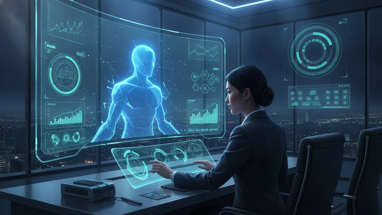 A player at a desk negotiates with a holographic AI counterpart surrounded by score gauges and charts